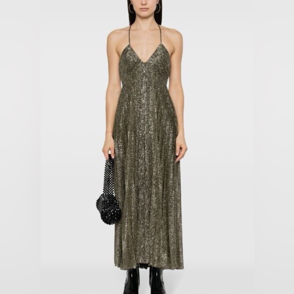 A.L.C. lamé-effect halterneck pleated dress